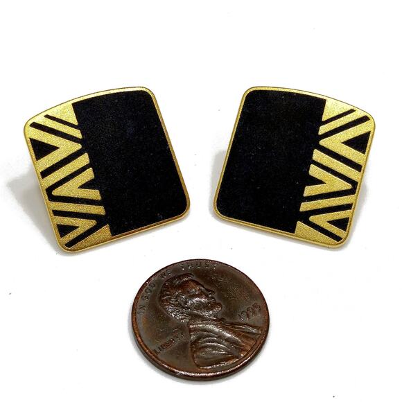 Laurel Burch "Naito" Post Earrings, Black Cloisonné, Gold Plated, 1980s Vintage - Picture 9 of 10